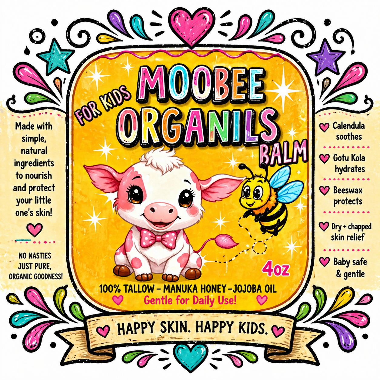 Colorful illustrated label for Moobee Organils Balm for Kids with a cute cow and a bee. It highlights benefits like soothing, hydrating, protecting, and safe for daily use. Features ingredients like tallow, manuka honey, and jojoba oil. Decorative hearts and stars surrounding the text.