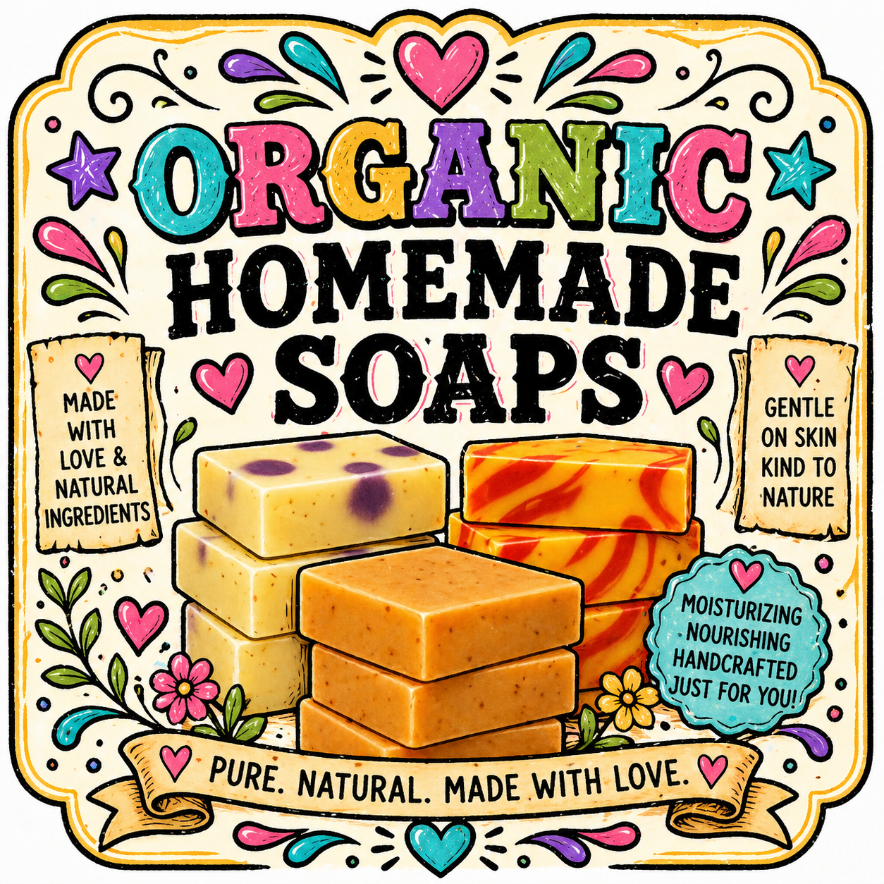 Colorful illustration advertising handmade organic soaps with three stacks of soap bars in different colors and patterns, surrounded by decorative hearts, stars, and flowers, with labels emphasizing natural ingredients, gentle skin care, and love.