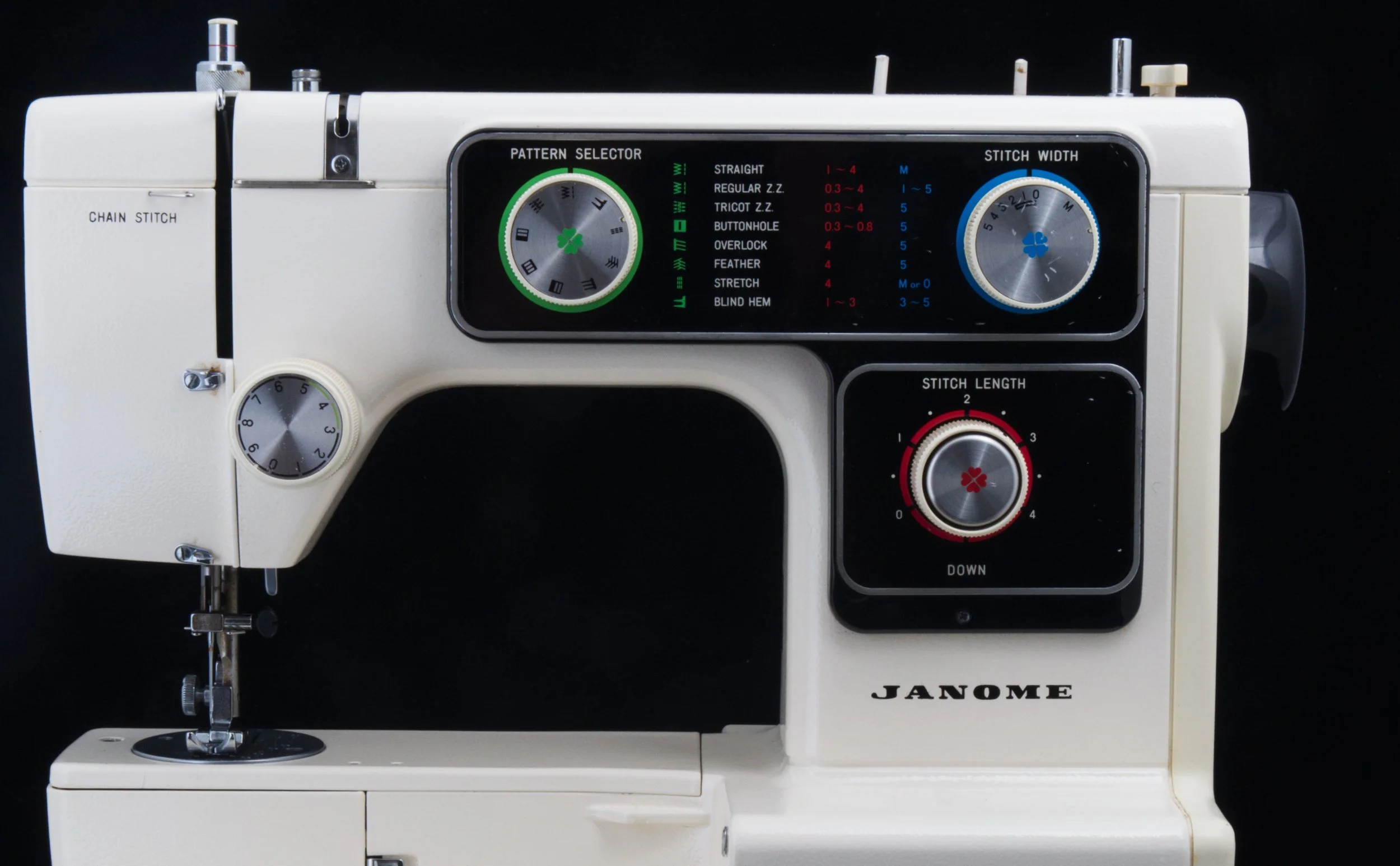 A white Janome sewing machine with various dials and labels, featuring a black control panel with color-coded stitch options, a stitch width dial, and a stitch length control, placed against a black background.