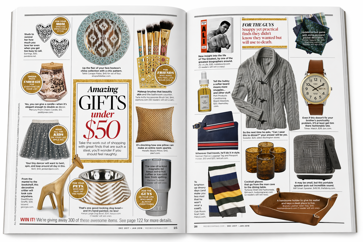 Magazine spread showcasing various gift items under $50, including jewelry, a dog bowl, a pillow, a watch, and accessories, with descriptions and prices.