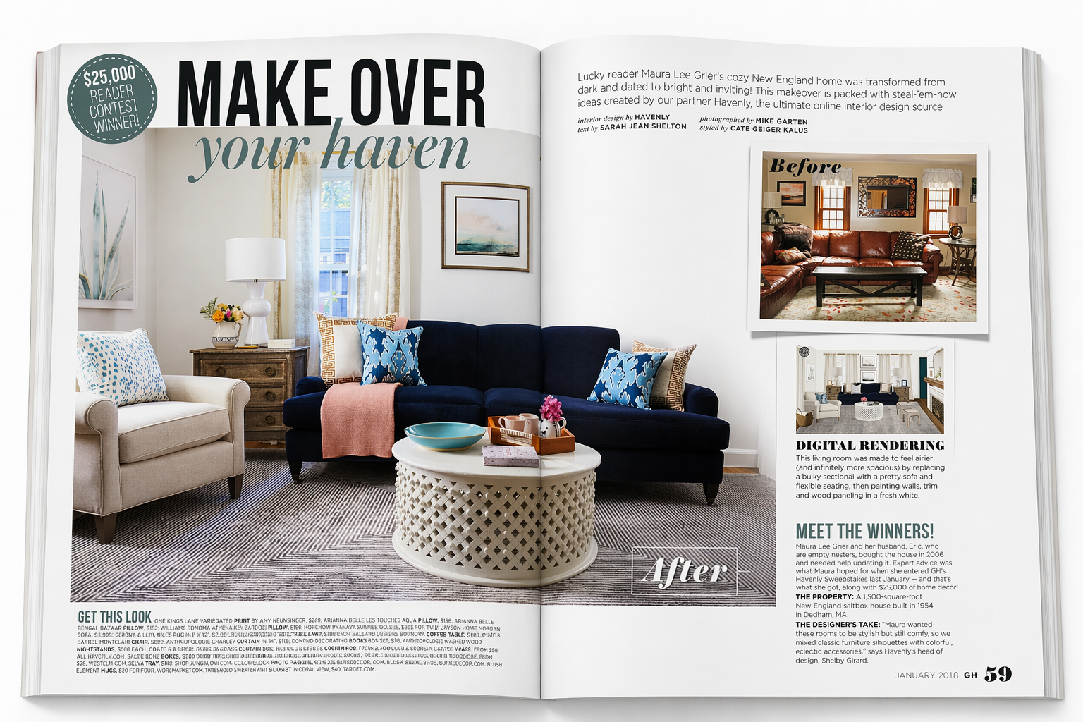 Open magazine spread showing living room transformation with before and after images. The 'after' version features a modern, colorful living room with navy and beige furniture, decorative pillows, a round coffee table, and artwork on the walls.
