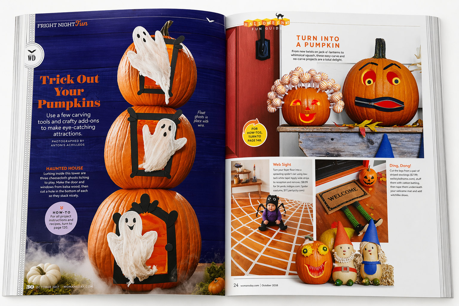 A magazine spread featuring Halloween pumpkin decorations and crafts, including ghosts drawn on pumpkins, decorated pumpkins with wigs, and pumpkins with painted faces. There are also pictures of Halloween-themed items, such as a spiderweb floor rug 