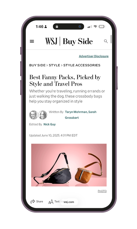 A smartphone screen displaying a WSJ Buy Side article titled 'Best Fanny Packs, Picked by Style and Travel Pros,' along with an image of two fanny packs on a pink background.