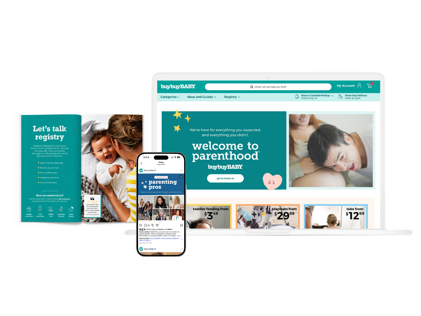 Taryn Mohrman buybuy BABY registry guide, parentings pros social post, and redesigned homepage for brand relaunch