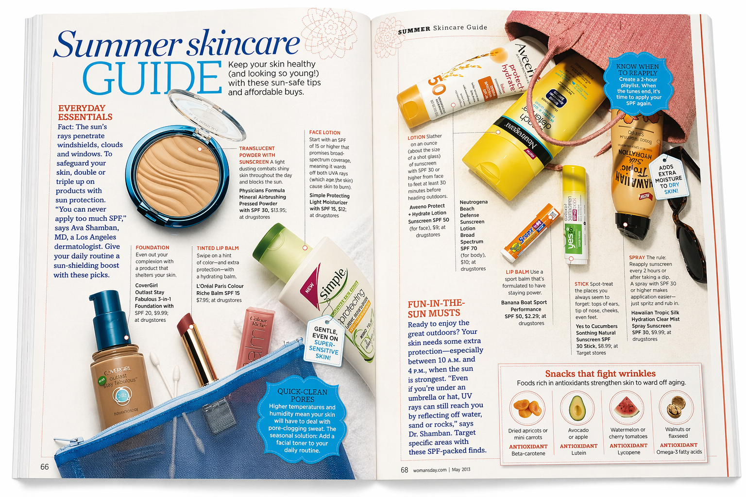 Open magazine pages with skincare products and tips for summer skincare, including sunscreen, lip balm, foundation, and sprays, along with an example makeup bag and a blue pouch.