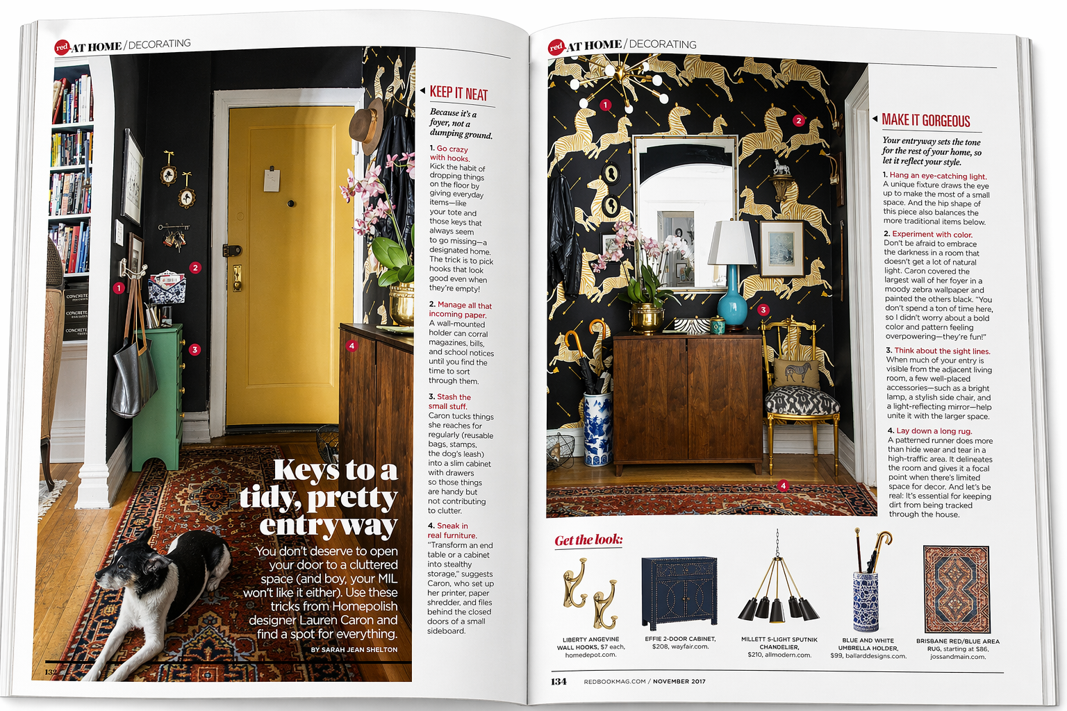 Open magazine spread featuring home decor tips for entryways, including images of a hallway with a decorative mirror, a patterned wallpaper with zebras, a small chair, and a wooden cabinet, with numbered on-page annotations and an article about maint