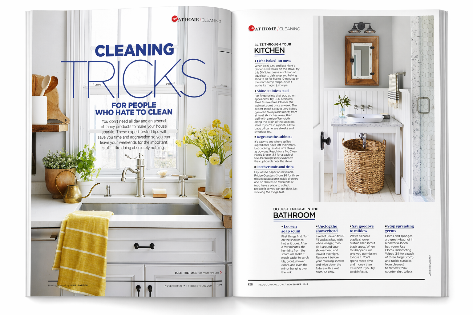 Open magazine showing a kitchen and a bathroom, with tips on cleaning. The kitchen has a white sink, yellow towel, and flowers, and the bathroom features a mirror, woven basket, and shower curtain.