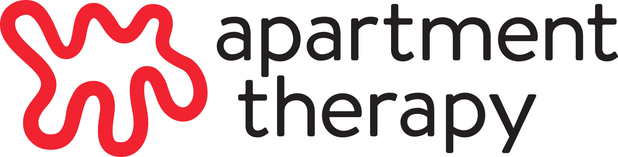 Logo for apartment therapy with a stylized red 3D-like abstract heart design to the left of the text.
