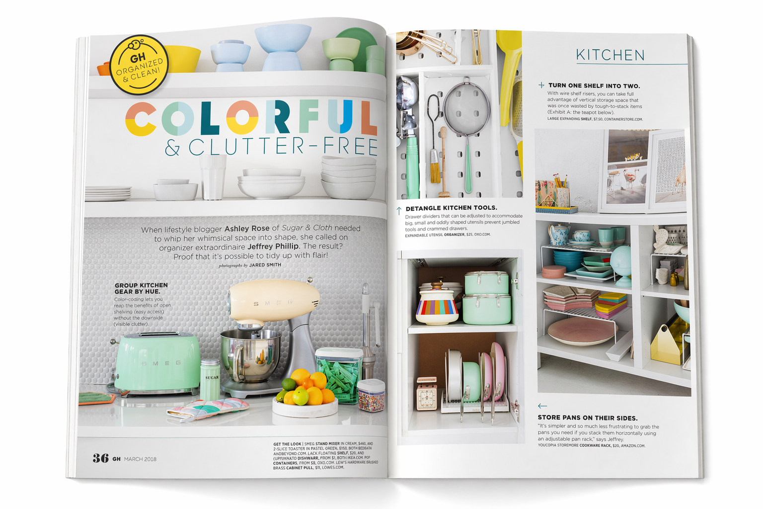Open magazine spread showing a colorful, clutter-free kitchen organized with various kitchen tools, dishes, and storage solutions.