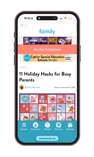 Smartphone displaying a webpage with holiday hacks for busy parents, as featured in New York Family.