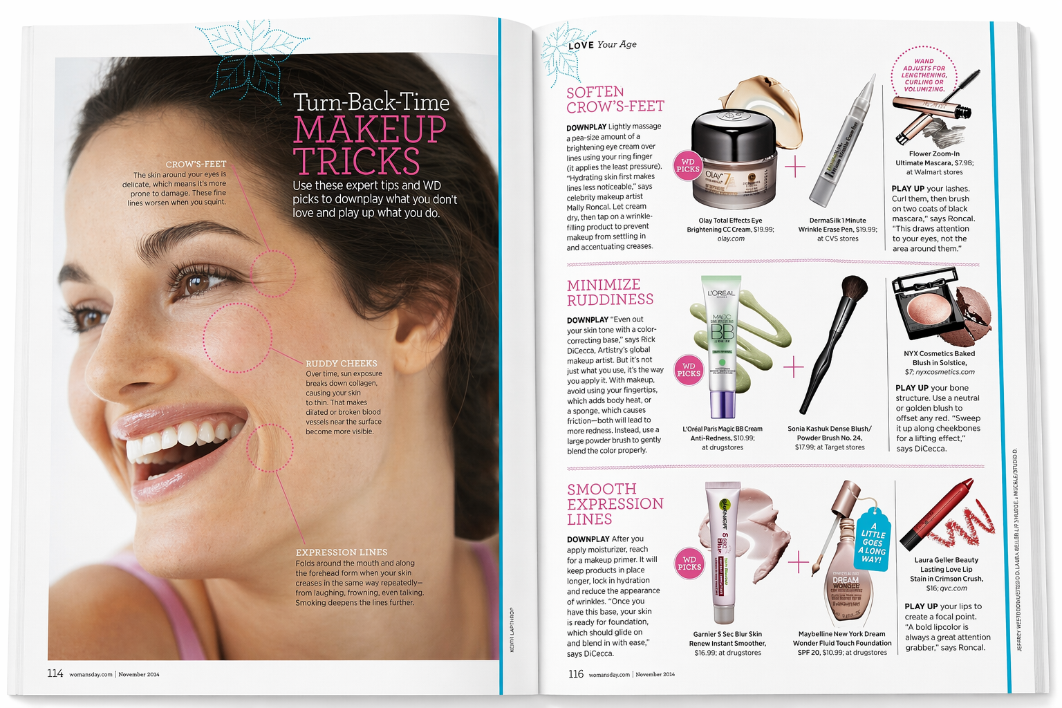 Magazine spread discussing makeup tips with an image of a smiling woman, highlighting areas around the eye, cheek, and mouth for makeup advice.