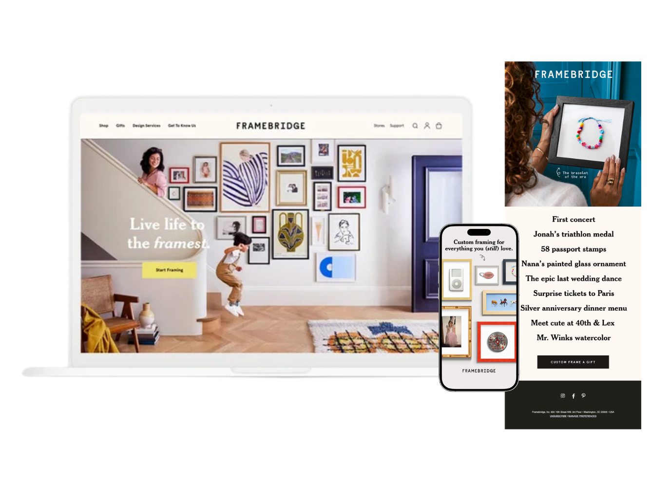 Laptop and smartphone screens showing a website for Framebridge, a framing company. The website features various framed artworks, jewelry, and personalized gifts, with options to start framing or customize. There are images of a woman holding a framed bracelet, and a list of gift ideas including a triathlon medal, passport stamps, and watercolor paintings.
