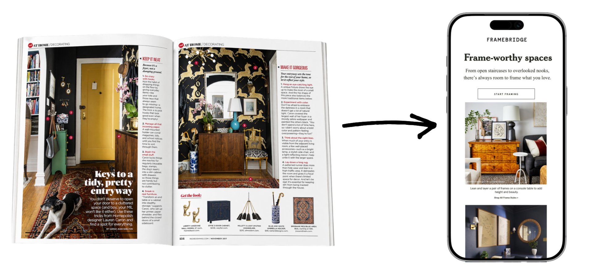 Taryn Mohrman content marketing magazine showing interior decor ideas for entryways, next to a smartphone displaying branded email marketing content with a focus on framing spaces.