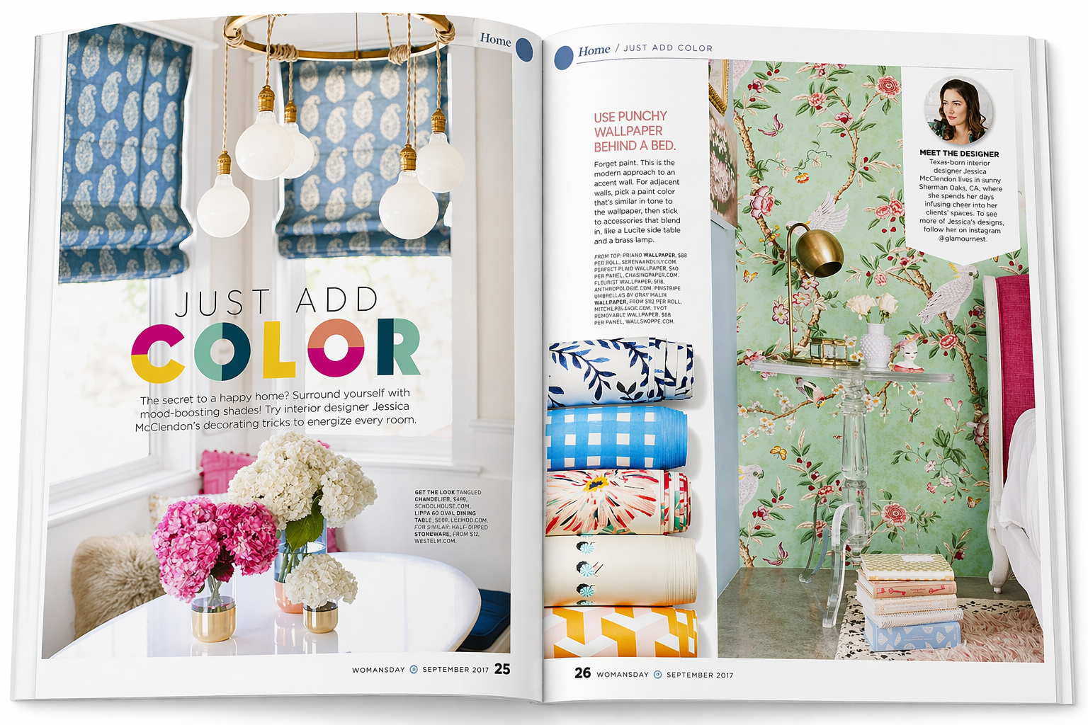 Open magazine spread featuring colorful interior decor ideas. Left page shows a dining area with a white table, gold vases of pink and white hydrangeas, and a window with blue patterned Roman shades. Headline reads 'Just Add Color' with text about de