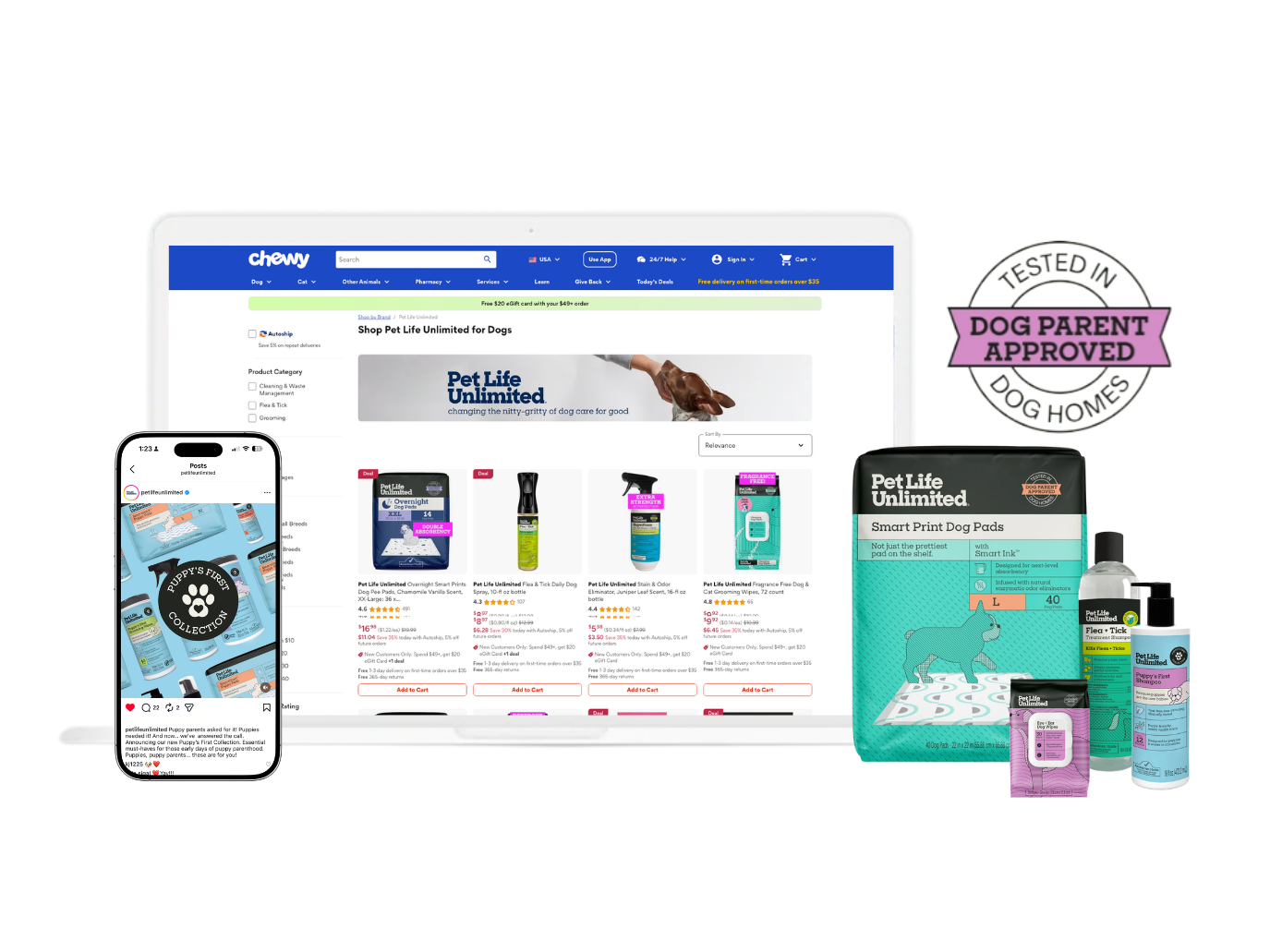 Taryn Mohrman Pet Life Unlimited puppy's first collection, Chewy brand page, Smart Print dog pads and PetParent Lab seal.