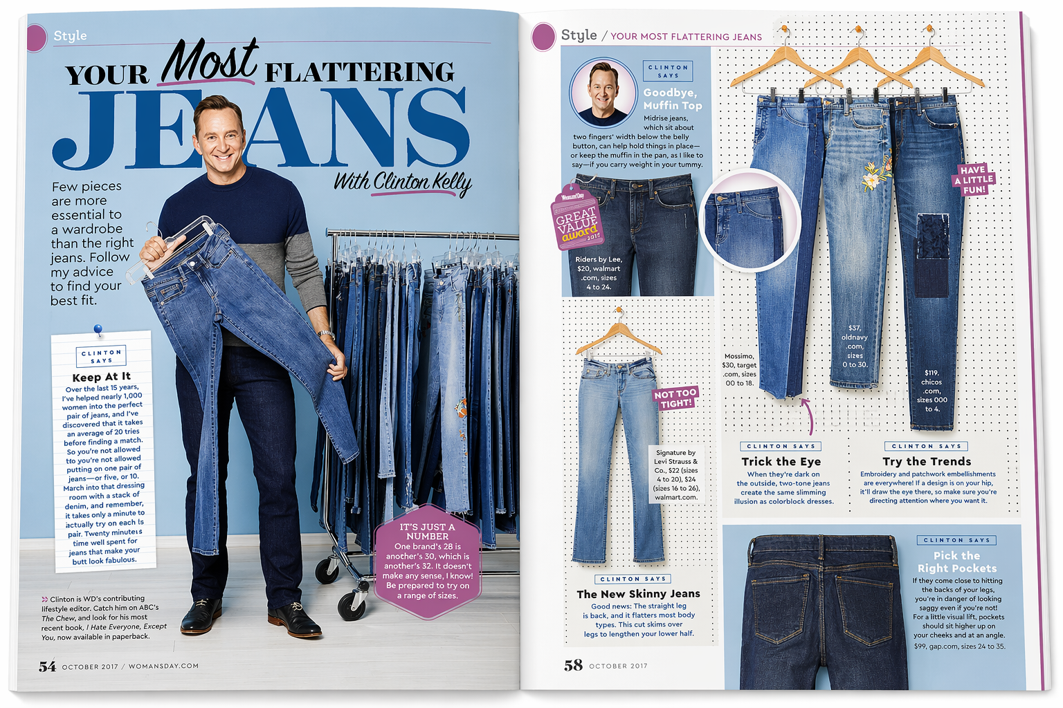 Magazine spread featuring styles and tips for flattering jeans, including various denim styles, prices, and advice from Clinton Kelly.