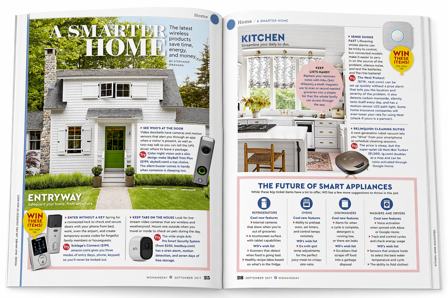 Open magazine spread featuring article on smart home technology with images of a house and a kitchen. The house has a green door and white siding, with a pathway leading to the front entrance. The kitchen has white cabinets and a window with curtains