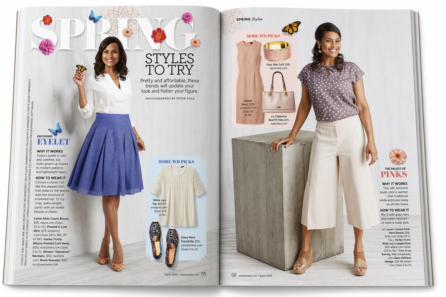 Two women modeling spring fashion outfits in a magazine spread. The woman on the left wears a white blouse and a blue pleated skirt, while the woman on the right wears a gray polka dot top and white cropped wide-leg pants. The spread includes images 