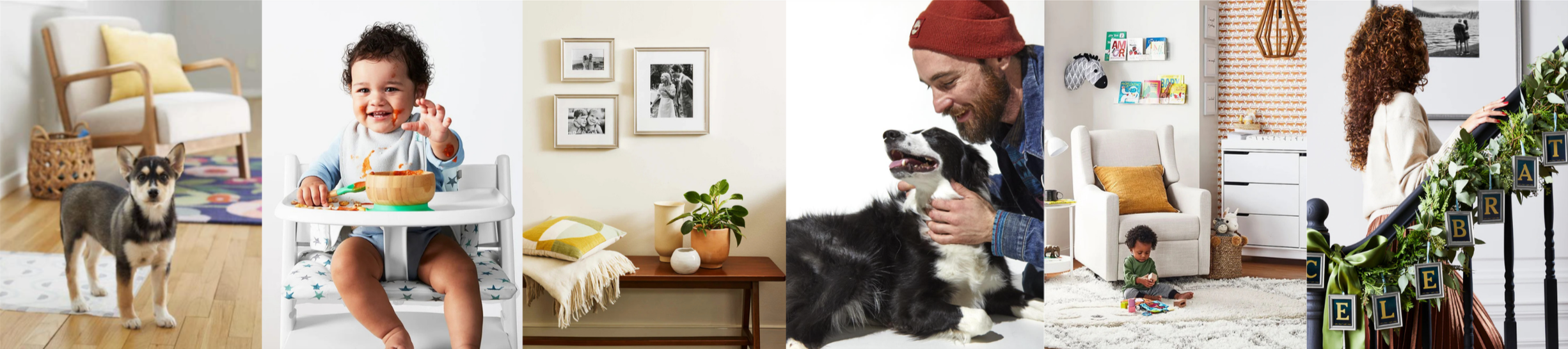 A collage of six images of people, pets, and home decor. The first image shows a puppy in a living room, the second a smiling toddler eating at a high chair, the third a girl on a bed with wall pictures behind her, the fourth a man with a dog, the fifth a child playing on a carpeted floor in a room, and the sixth a woman organizing a Christmas tree with decorated alphabet letters.