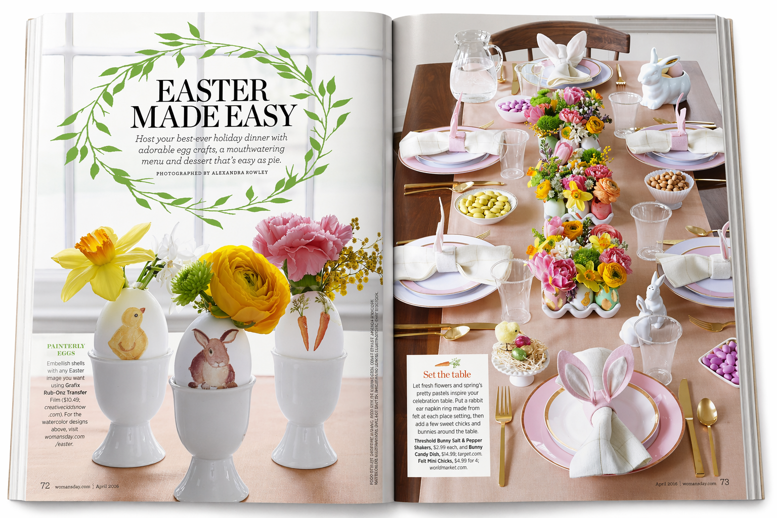 A decorated Easter table with flowers, bunny and chick accents, pastel tableware, and Easter-themed decorations