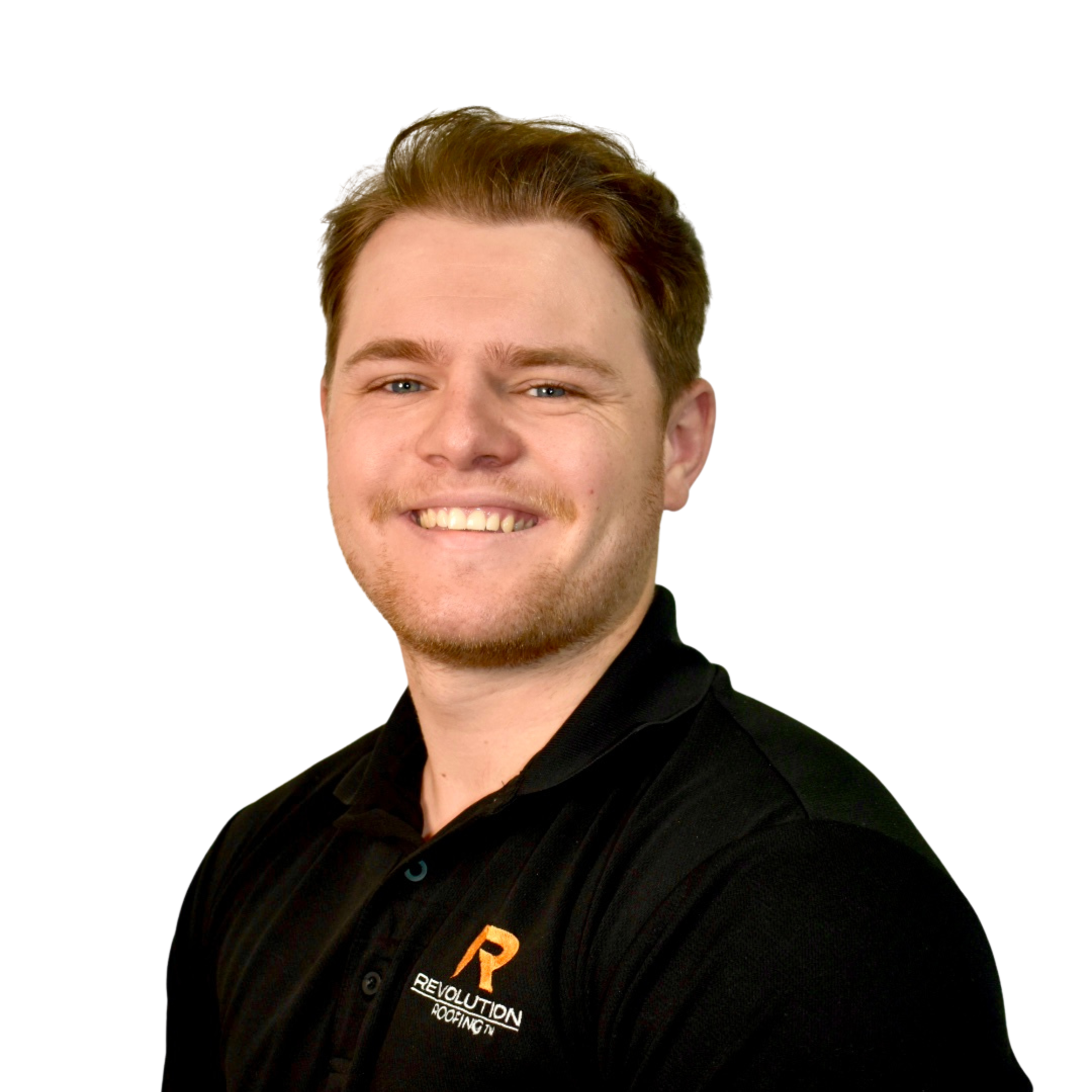 Close-up of a young man smiling, wearing a black baseball cap with an orange and white logo and the words 'REVOLUTION ROOFINGTM,' and a black shirt with a similar logo.