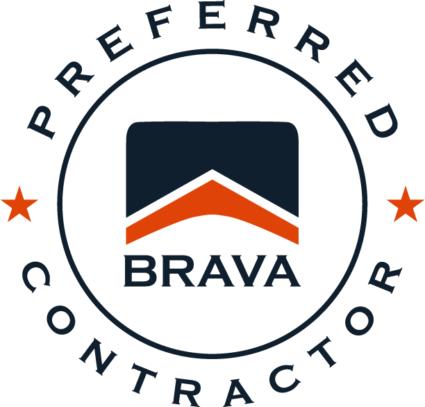Logo of Prefferred Contractor Brava featuring a dark blue shield with an orange arrow-like shape inside, surrounded by a circular border with the text 'Preferred Contractor' at the top and bottom, and two orange stars on either side.