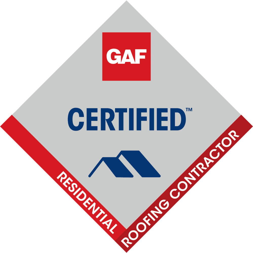 GAF Certified Residential Roofing Contractor badge with red, blue, and gray design.