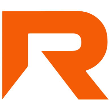 Large orange letter 'R' on a black background