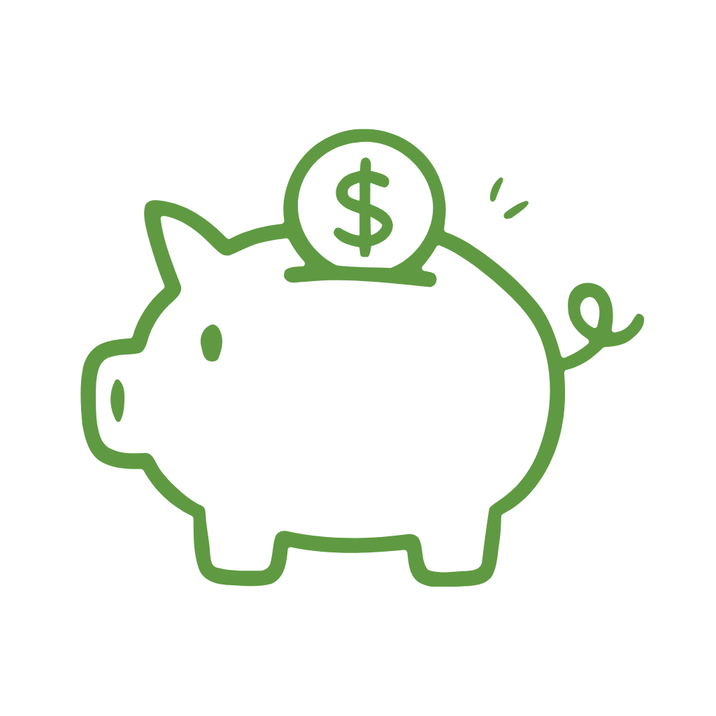A cartoon piggy bank with a dollar coin on top and a dollar sign, outlined in green.