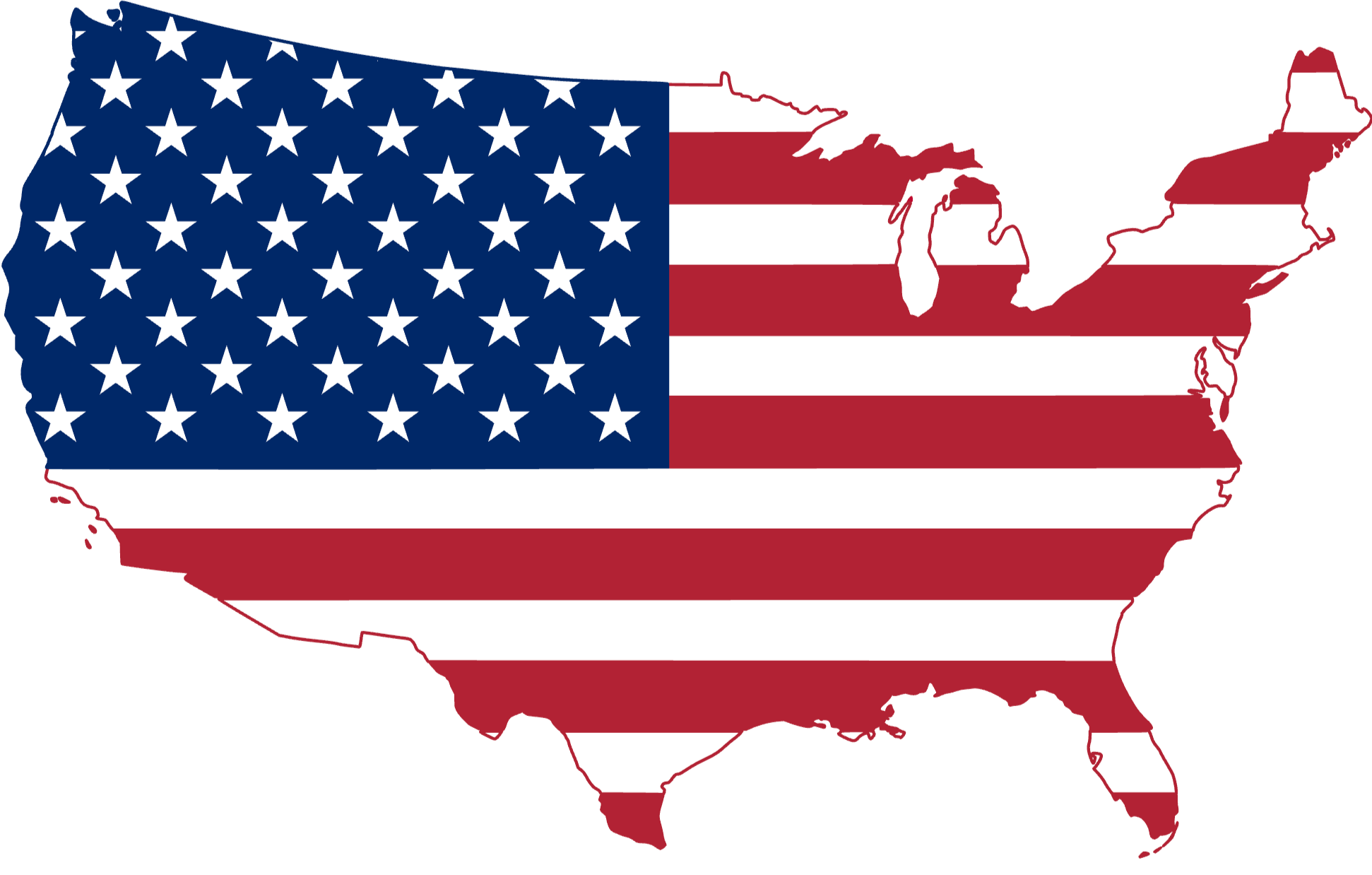 Map of the United States filled with the American flag pattern, with stars in the upper left corner and red and white stripes across the country.