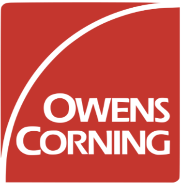 Red background with white curved line and the text 'Owens Corning' in white.