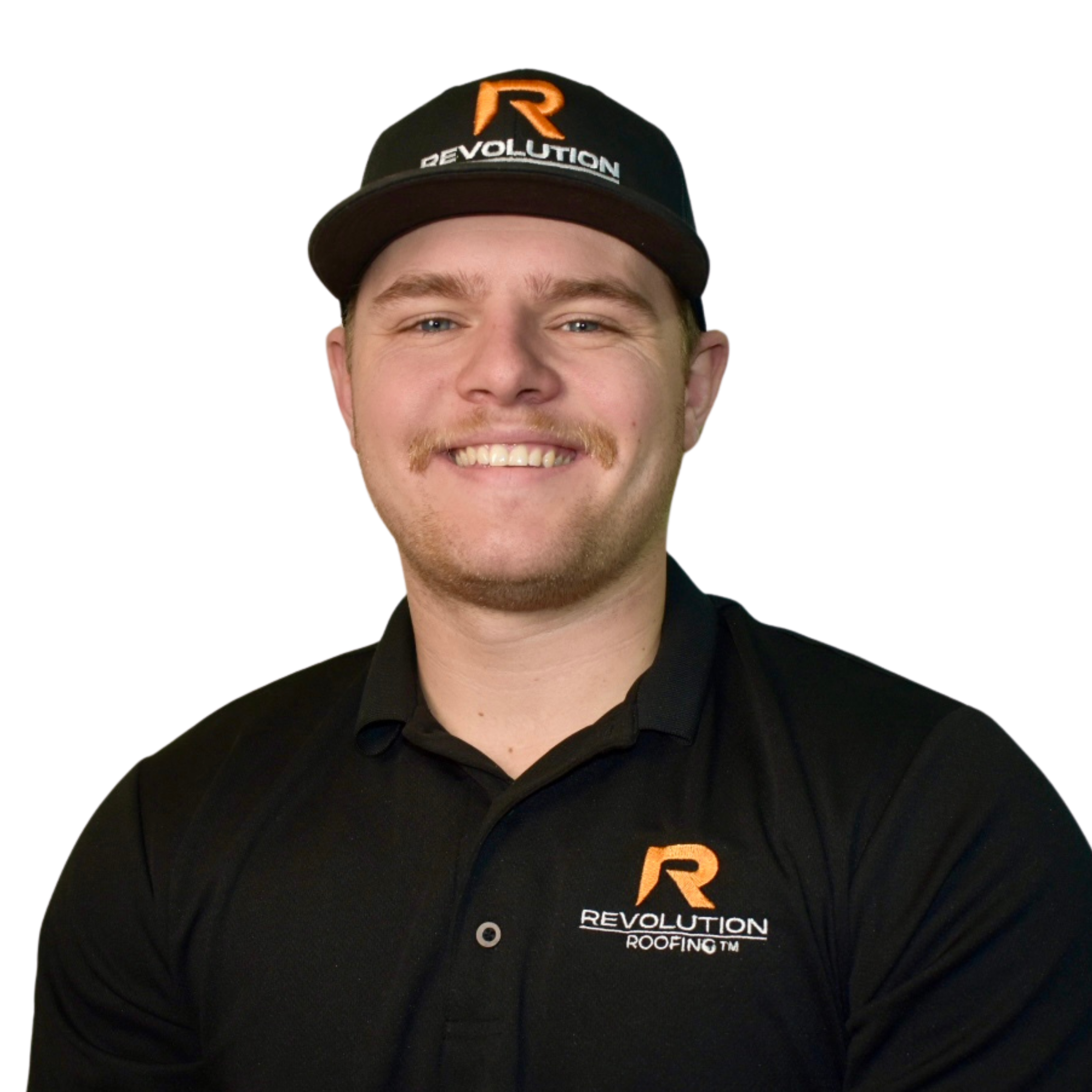 Close-up of a young man smiling, wearing a black baseball cap with an orange and white logo and the words 'REVOLUTION ROOFINGTM,' and a black shirt with a similar logo.