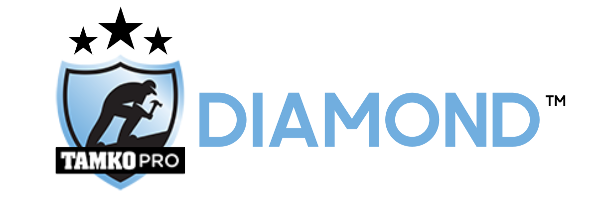 Logo for TAMKO PRO DIAMOND, featuring a shield with a black silhouette of a person kneeling and working, three black stars above, and the words DIAMOND and TAMKO PRO.
