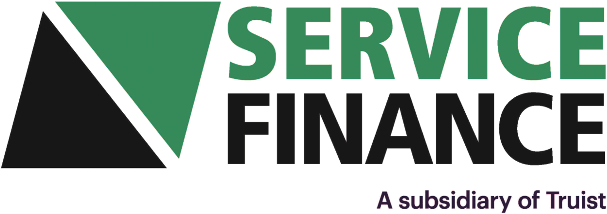 Graphic design with the words "Service" in green and "Finance" in black, with a black and green triangle on the left, and the phrase "A subsidiary of Truist" at the bottom.