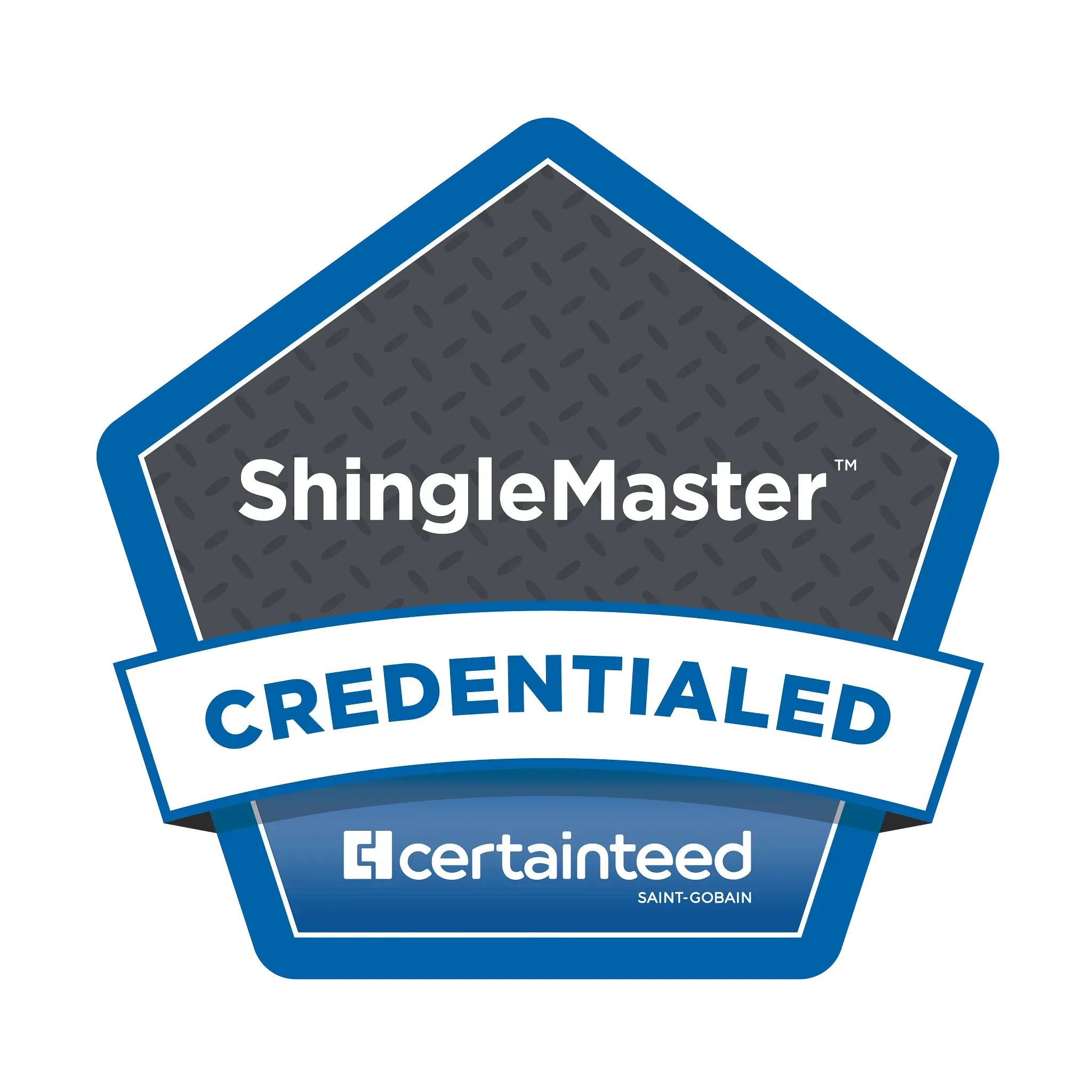 Close-up of a ShingleMaster Tamarack roofing warranty badge with the Saint-Gobain logo.