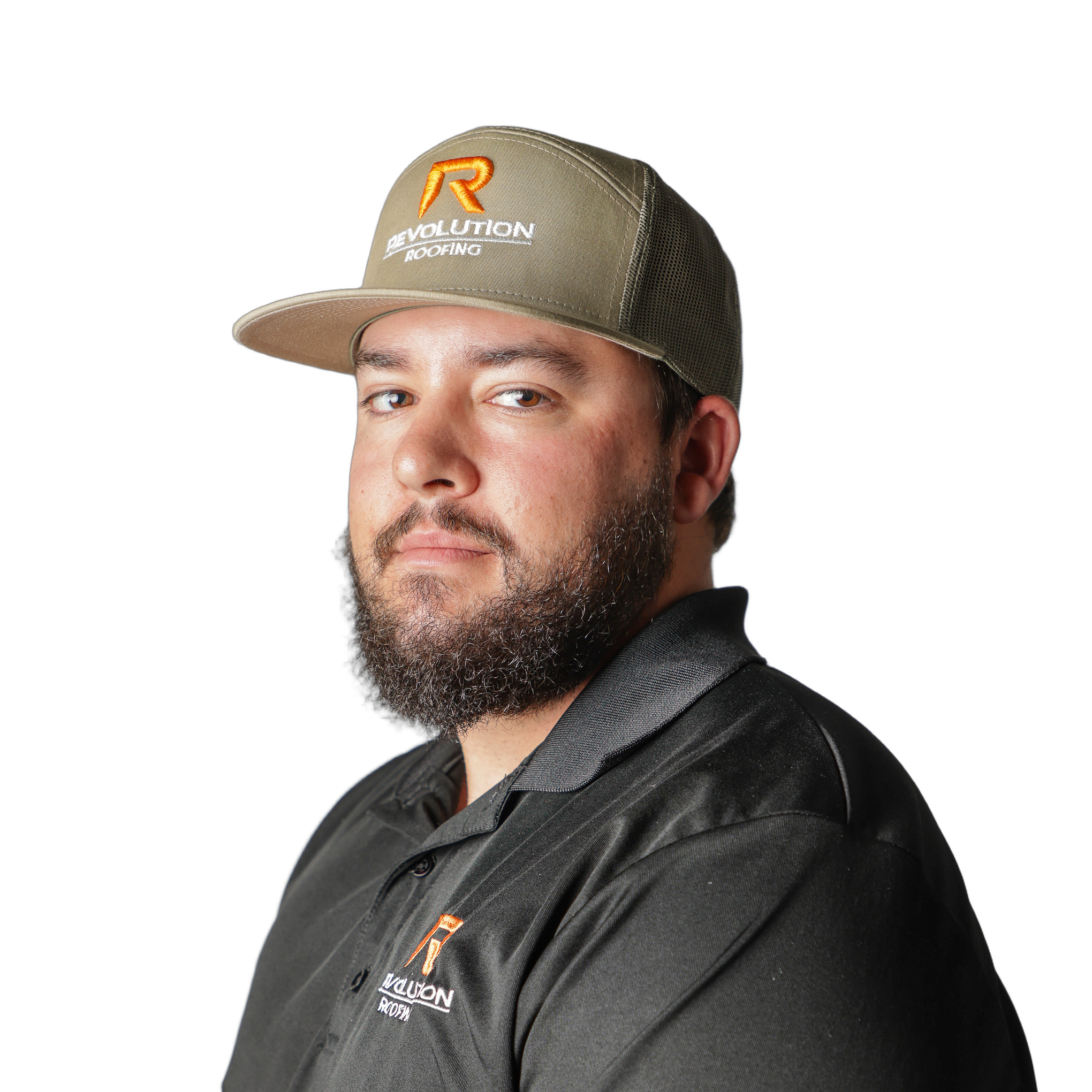 Close-up of a man wearing a black shirt and a khaki baseball cap with orange and white embroidery, partially visible from the nose up, against a white background.