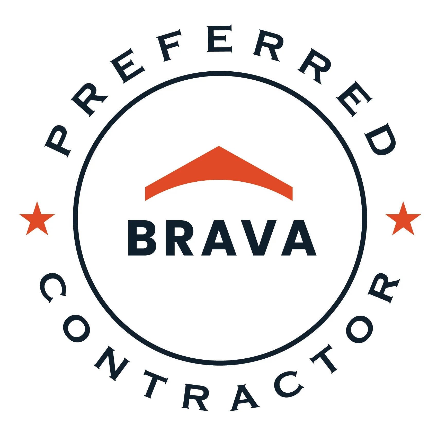 A circular logo with the words "PERFECTION" and "CONTRACTING" around the outer edge, and the word "BRAVA" in the center. The logo features a stylized orange roof and two orange stars on either side.
