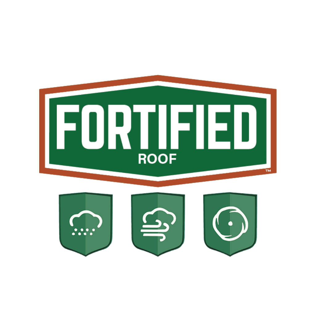 The image features a logo with the words "Fortified Roof" and three green badges below it, each depicting weather-related icons such as rain, wind, and a tornado or cyclone, indicating roofing protection against weather elements.
