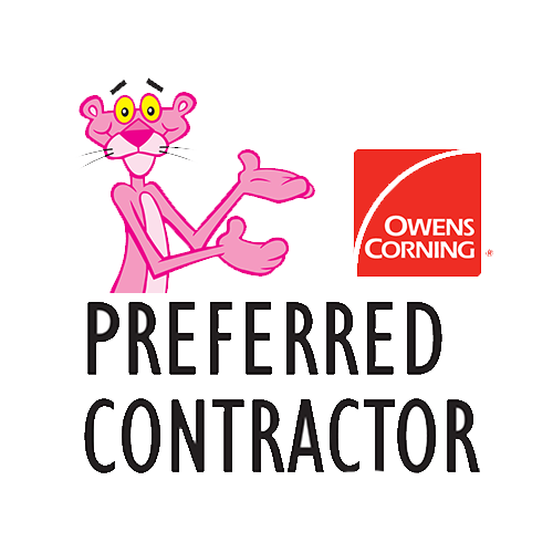 Pink cartoon cat character with yellow eyes and white whiskers gesturing next to a red Owens Corning logo, with the text 'Preferred Contractor' underneath.