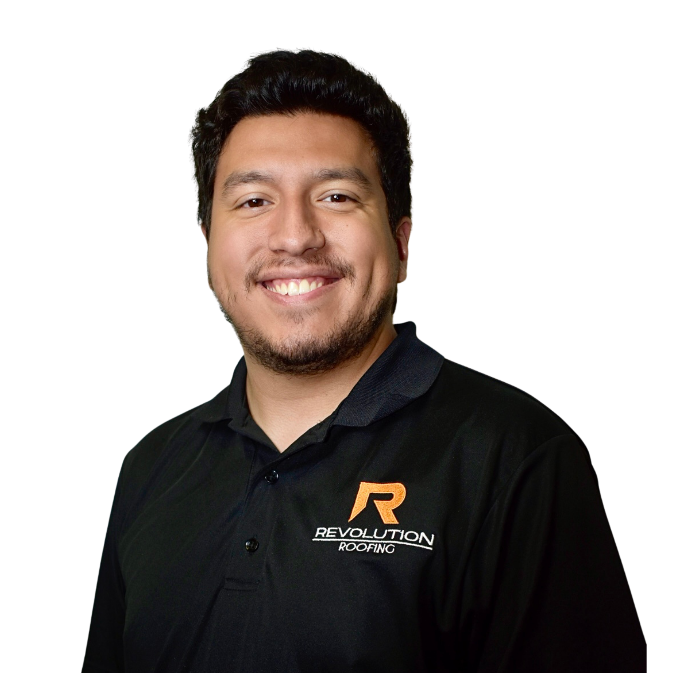 A man wearing a black shirt with a logo that says 'REVOLUTION ROOFING' smiling at the camera.
