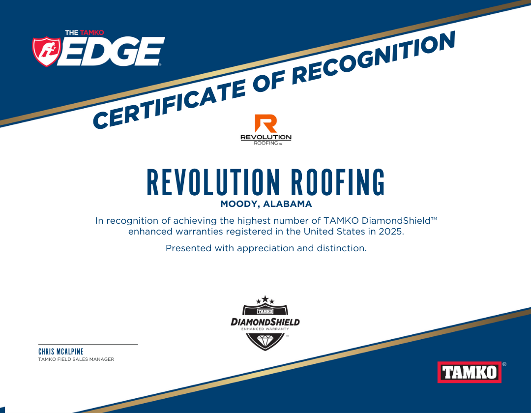 Certificate of recognition awarded to Revolution Roofing in Moody, Alabama, for achieving the highest number of TAMKO DiamondShield enhanced warranties in 2025, presented by Tamko.