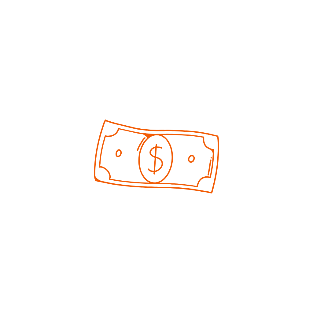 Simple orange line drawing of a dollar bill with a dollar sign in the center.