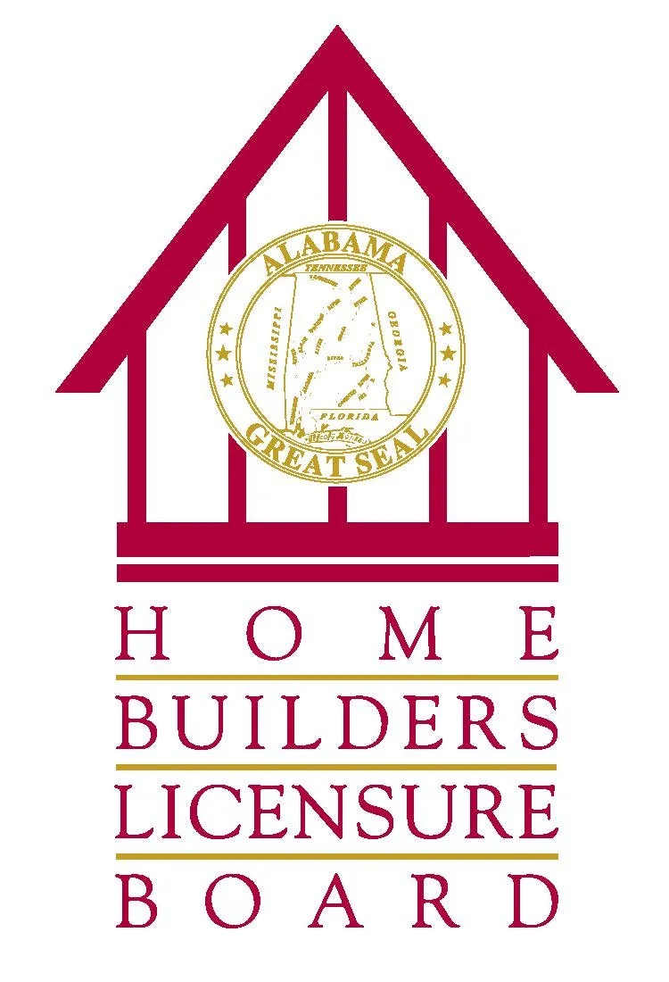 Logo of Home Builders Licensure Board, featuring a stylized house outline with a gold Alabama state seal inside, and the words "HOME BUILDERS LICENSURE BOARD" in maroon text below.