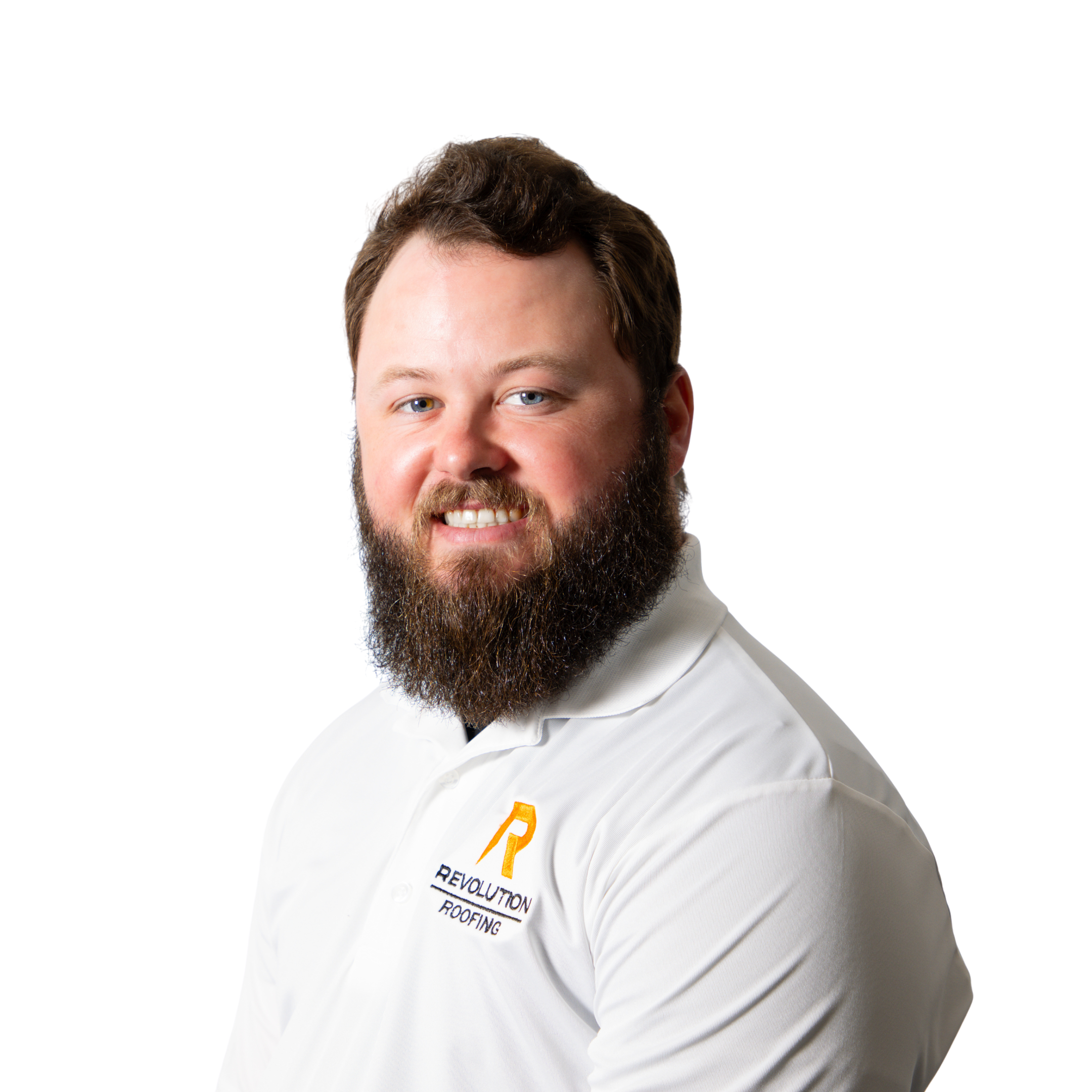 Close-up of a smiling man with brown hair and beard, wearing a white shirt with a logo that reads 'Revolution Roofing'.
