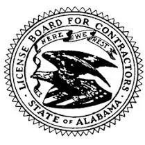 Seal of the Alabama State Board for Contractors featuring a bird and the words 'License Here We Trust' and 'State of Alabama'.