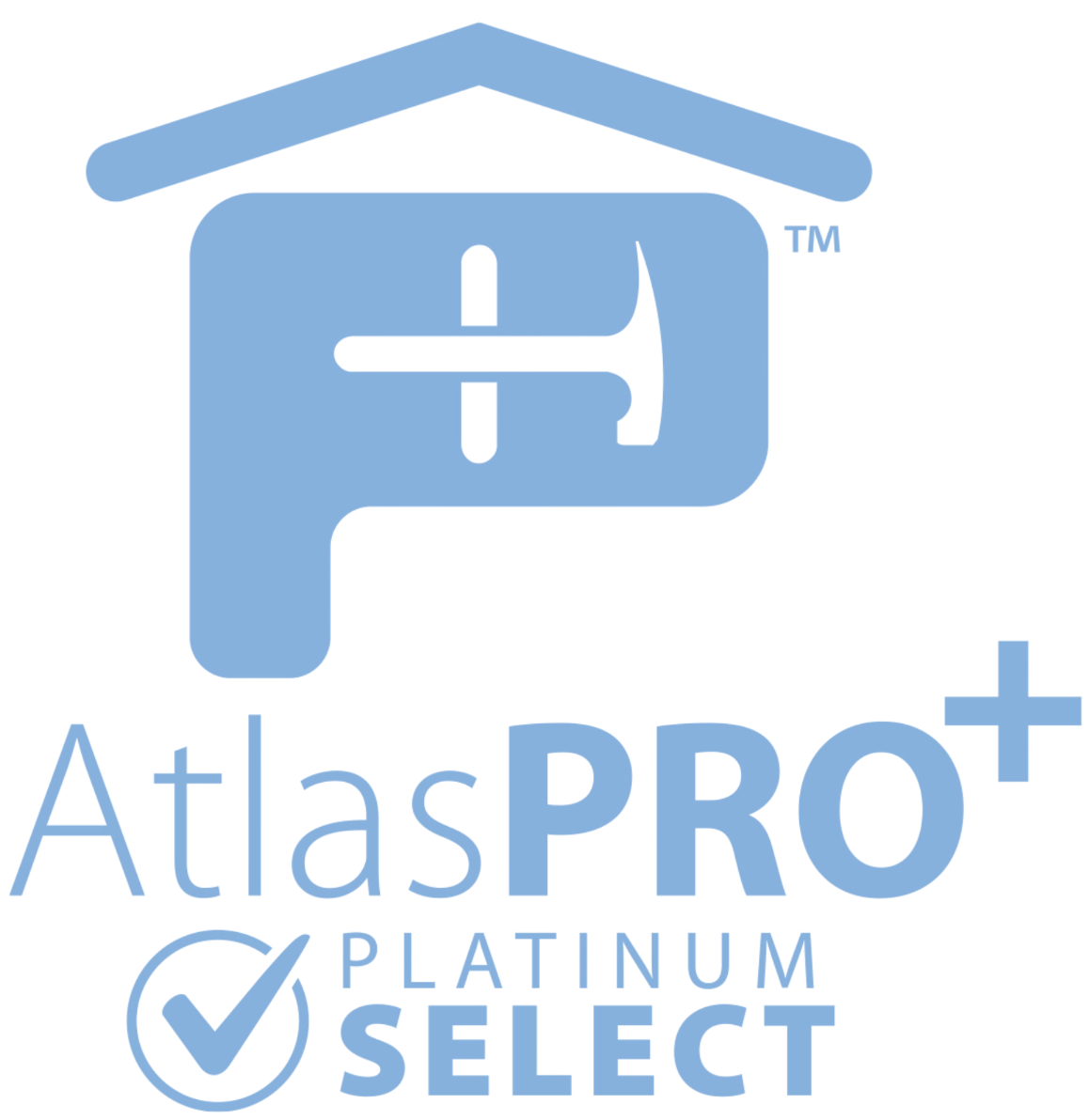 Logo for AtlasPRO+ Platinum Select, featuring a stylized house with a hammer and a checkmark, in light blue.