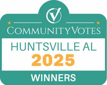 Revolution Roofing- Platinum Winner of the Community Votes Huntsville AL 2025 Winners logo with green background and white and orange text.