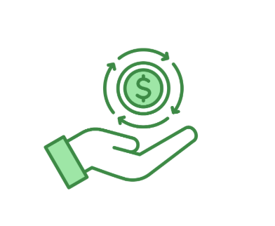 Green outline of a hand holding a dollar sign surrounded by circular arrows, representing money management or financial cycle.