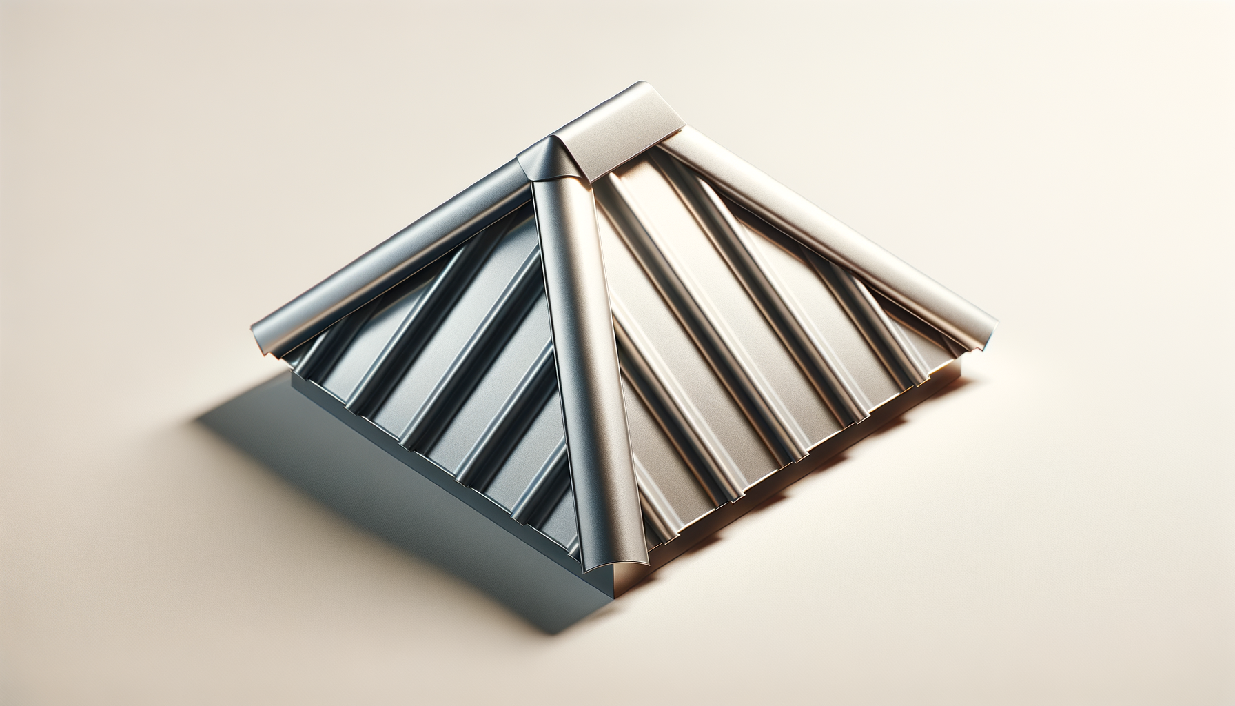 A metallic architectural model with a pyramid-shaped roof, made from folded metal sheets with vertical ridges, placed on a beige surface.