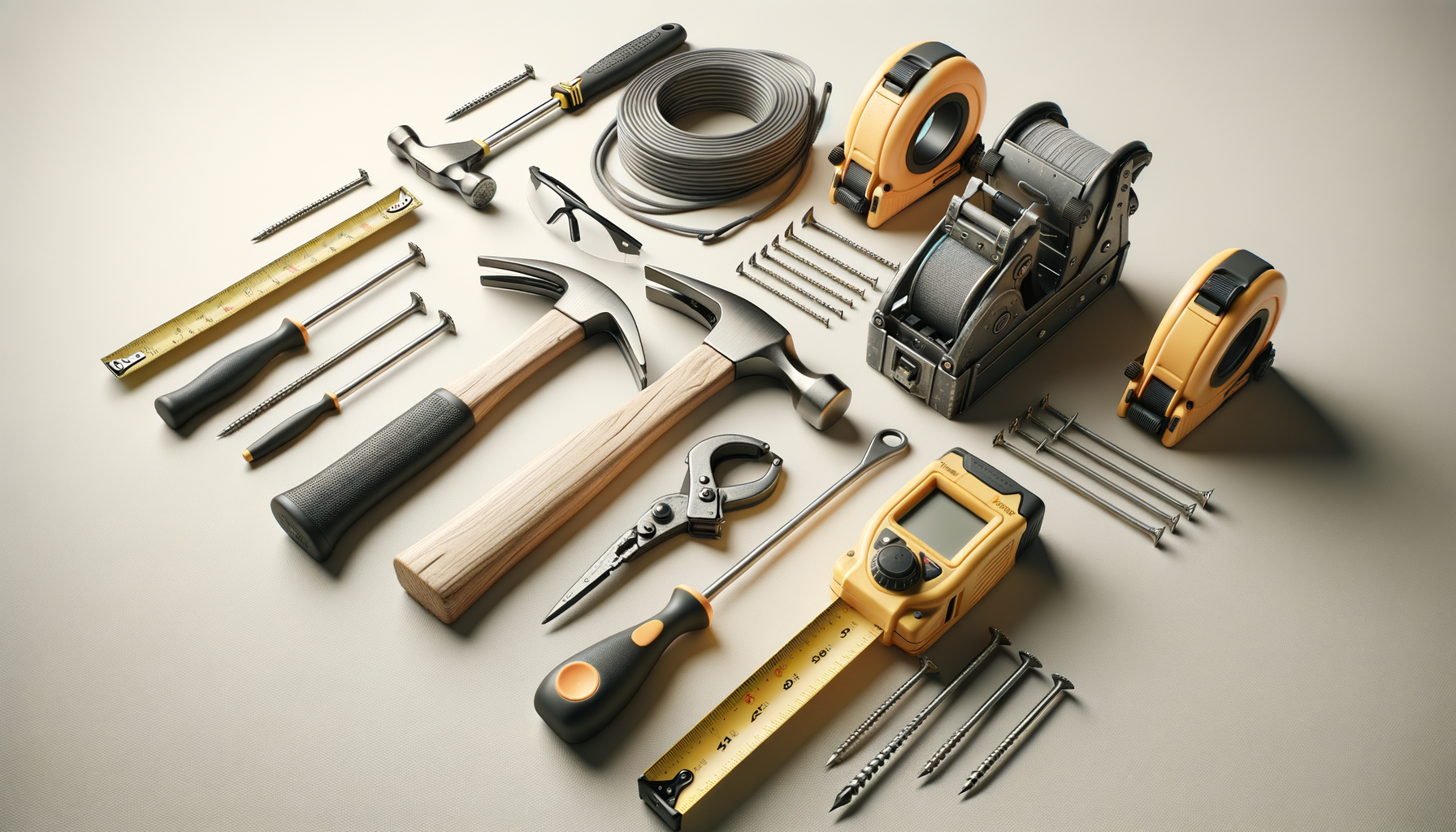 Various hand tools and power tools laid out on a white surface, including hammers, screwdrivers, nails, a measuring tape, a saw, a pair of safety goggles, a coil of wire, and a laser distance measurer.